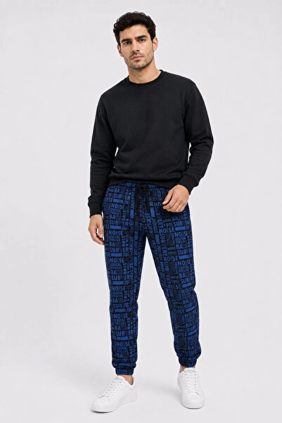 GurkStore Men's Black Blue Text Patterned Two-Thread Raster Jogger Sweatpants