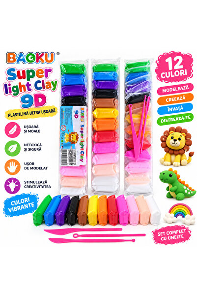 SHOP LIKE A PRO Set Plastilină Super Light Clay 9D, 12 Culori Asortate, cu In...