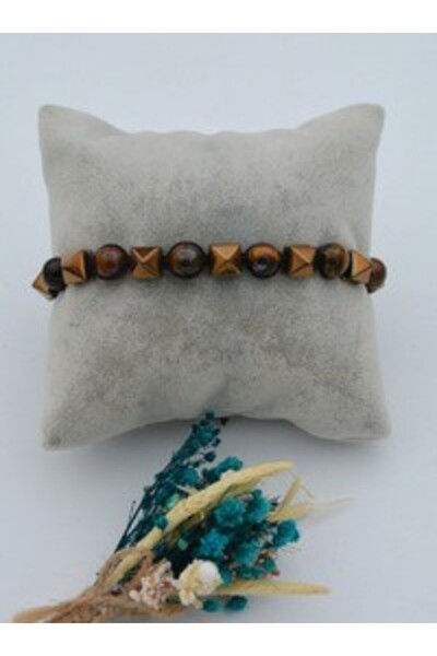 Stoneage Macrame Bracelet with Tiger's Eye Hematite Natural Stone - Brown -
