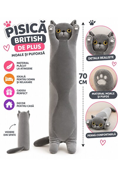SHOP LIKE A PRO Jucărie de Plus Pernă Pisică British, 70 cm, Moale și Pufoasă...