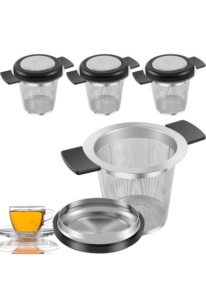 Generic Brand Set 4 filtre ceai vrac, cu capace, mânere silicon, inox, argintiu