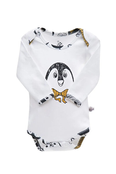 Ecocotton Pingu Bebek Zıbın Uzun Kollu %100 Organik Pamuk Penye Baskılı Beyaz...