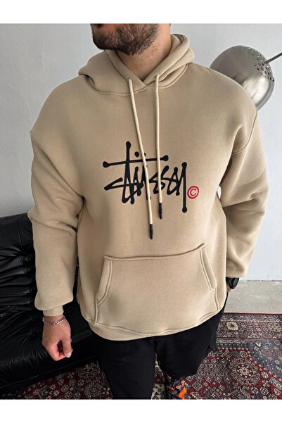 GurkStore Men's Three Thread Hooded Printed Sweatshirt - Beige