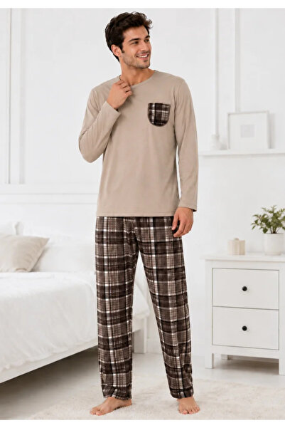 Serena Men's beige long-sleeved pajamas and brown checked long pants