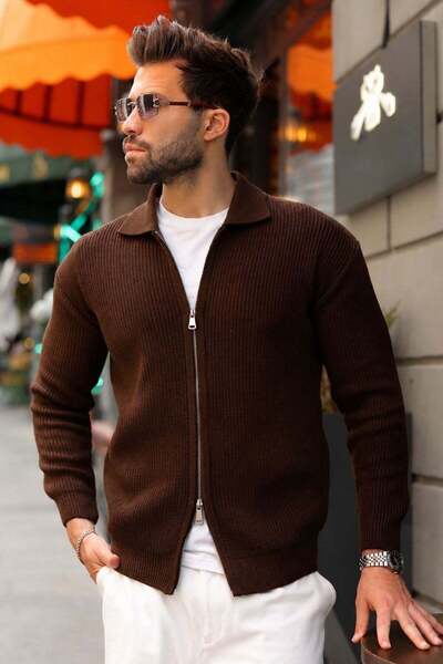 Madmext Brown Double Zipper Knitted Stand Collar Men's Knitwear Cardigan E7521