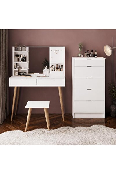 Bimossa U4070 Geniş Dolaplı Tabureli Bella Makyaj Masası Seti Beyaz - Aynalı,...