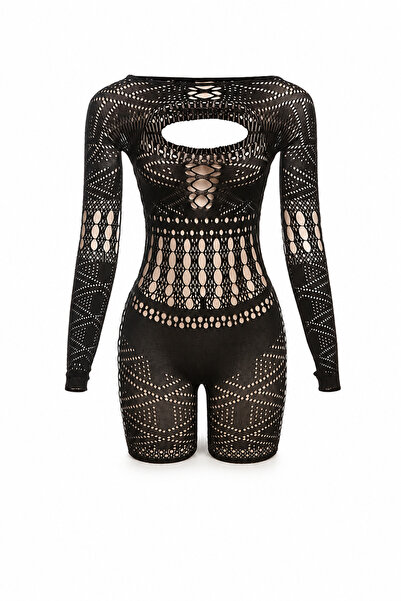 Generic Brand Women’s Black Openwork Cut-Out Long Sleeve Fitted Short Jumpsui...