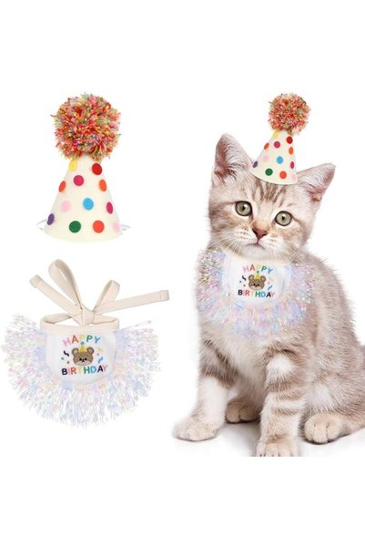 NALACAL Cat Birthday Hat and Bandana Scarf Set Cute Lace Puppy Bib Scarf Part...