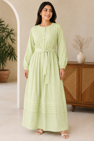 Libas lab - Women’s Light Green Belted Pleated Maxi Dress with Balloon Sleeves