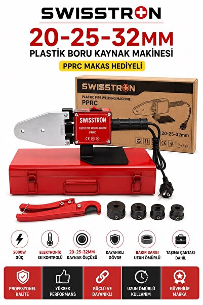 SwissTron 2000W PPRC Plastik Boru Kaynak Makinesi Seti 20-25-32 mm Pafta Isı Ayarlı Metal Çantalı