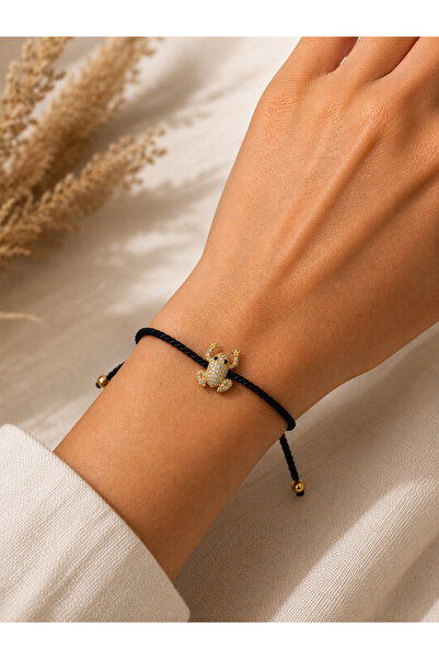 Beatis Black String Zircon Stone Frog Figured Gold Detailed Adjustable Women'...
