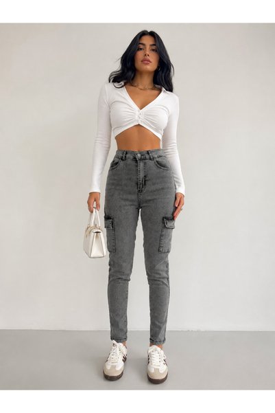 SHEVEGA Pantaloni de damă Snow Black cu talie înaltă, buzunare cargo, croială Power Skinny, slim fit, din denim/blugi