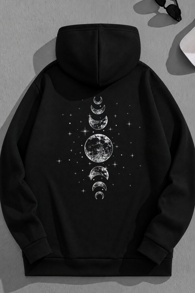 K KOZZ STYLE Unisex 3 Thread Cotton Black Moon Phases Print Loose Fit Sweatsh...