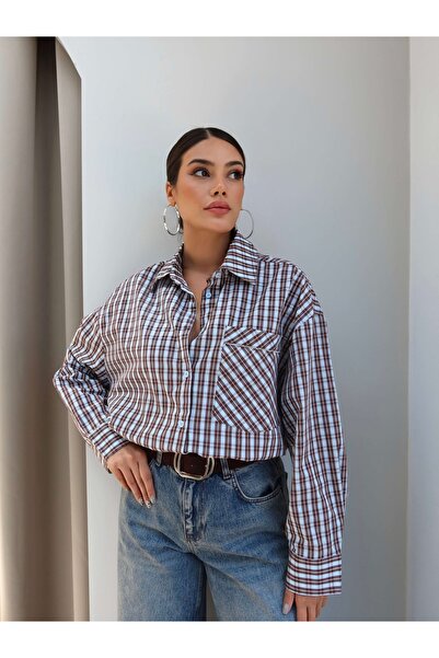 ESRAHELVACI Ekoseli Cep Taşlı Oversize Gömlek