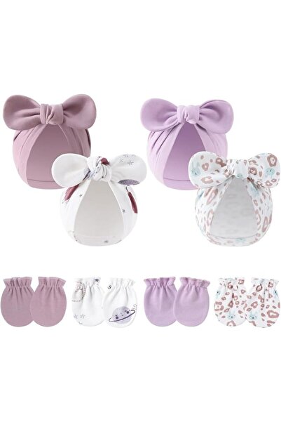 KASTWAVE 4 Sets Newborn Baby Hats and Mittens, Beanie Bow Infant Caps Cotton,...