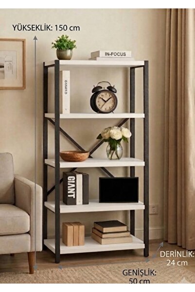 GUİMO Modern Minimal 5 Raflı Kitaplık ve Raflı Dolap 150 cm Kitaplık-52450-SBK
