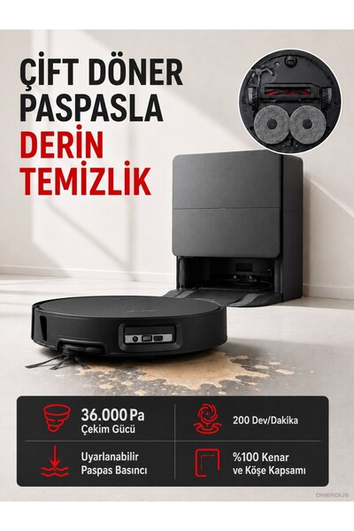 Xiaomi ROBOROCK 36.000 Pa Emiş Güçlü Robot Süpürge ve Çift Döner Paspas, Çift...