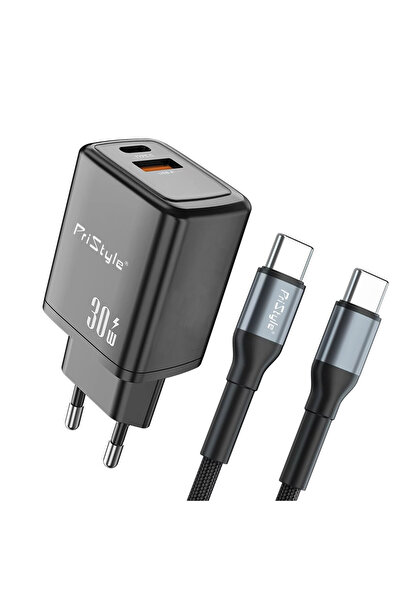 PriStyle Fast Charge 30W Charger Set at 20V/1.5A and USB-C to USB-C cable, Co...