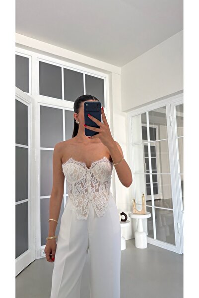 GAUS CO Beyaz Dantelli Çıkarılabilir Askılı Korse Bluz GAUS-01860