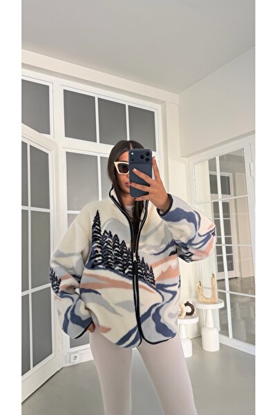 GAUS CO Ekru Ağaç Desenli Fermuarlı Polar Sweatshirt GAUS-01909 GAUS-01916