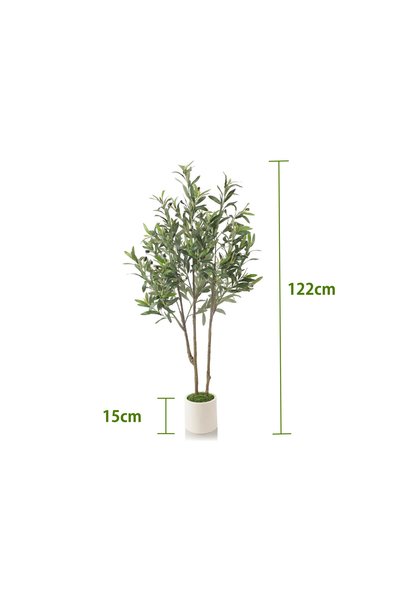SCHENKERO Faux 122 CM Double‑Stem Olive Tree, Artificial Olive Plant with White Flower Pot, Decorative Potted Tree for Living Room Office