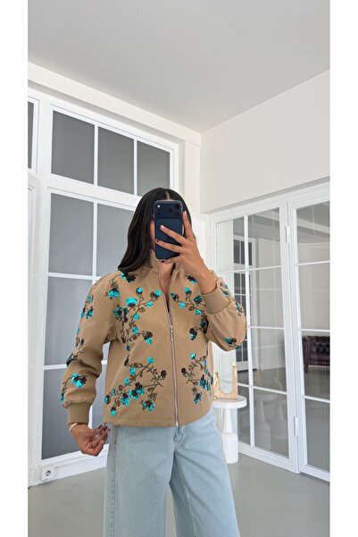 GAUS CO Camel Payet Nakışlı Astarlı Bomber Ceket GAUS-01934