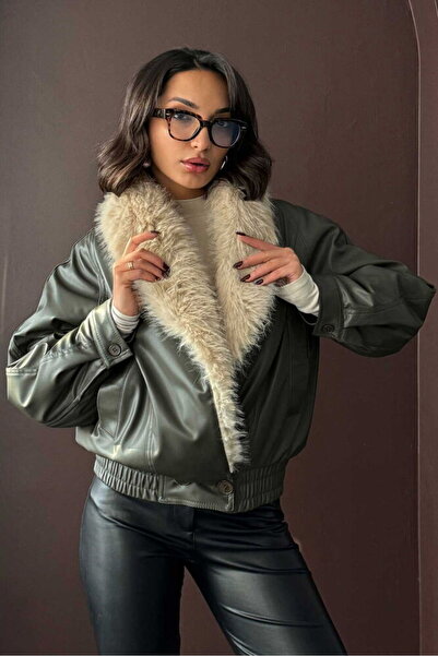 VERYMODA Double-Breasted Leather Coat with Fur Collar - Khaki