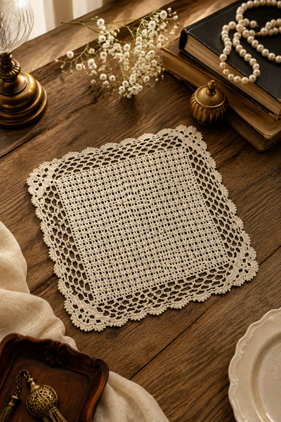 EastWest Trading Hand Knitted Vintage Size 60 Cotton Thread Small Lace Tablecloth - 20X20 cm
