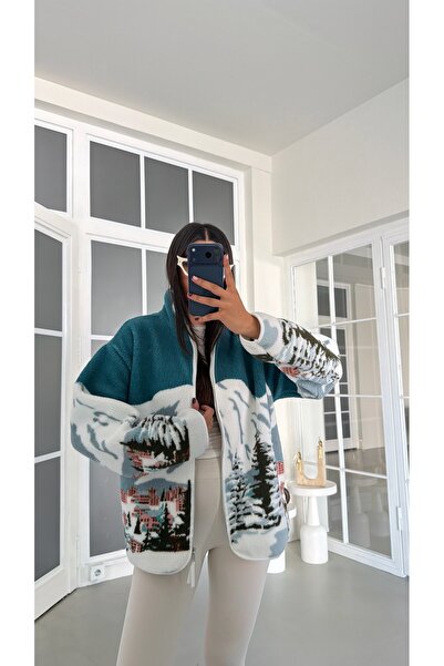 GAUS CO Ekru Petrol Yeşili Sırt Yazı Detaylı Fermuarlı Polar Sweatshirt GAUS-...