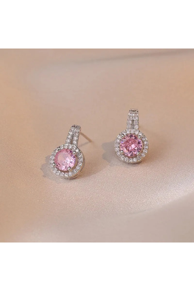 Peach Jewelry Σκουλαρίκια από ανοξείδωτο ατσάλι 304 με ροζ κρύσταλλο και φωτο...