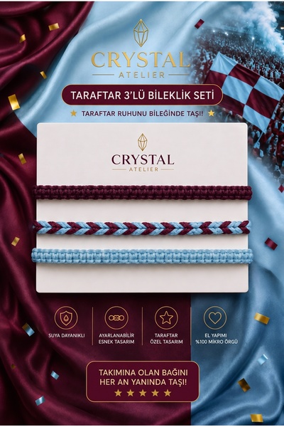 Crystal Atelier Macrame 3-Piece Burgundy Blue Fan Bracelet Set Unisex Adjusta...