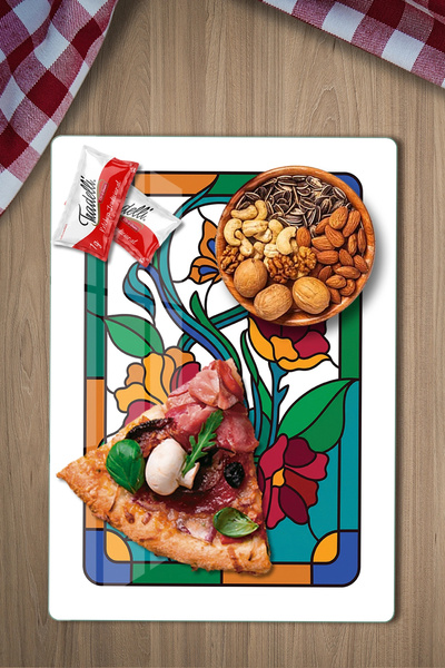 Decovetro Vitray Çiçek Kelebek Desenli Cam Kesme Tahtası ve Sunumluk 25 x 35 cm
