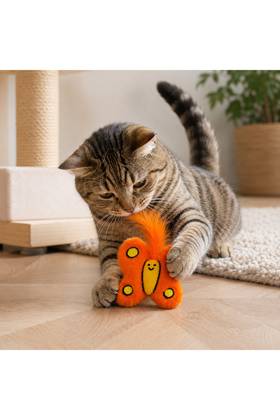 Miyav Hışırtılı Kelebek Kedi Oyuncağı – Tüylü, Peluş, Nakış İşlemeli 11x11 cm