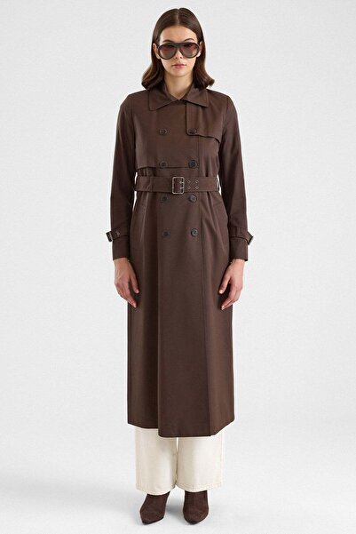 Olcay Cape Detailed Long Trench Coat with Bird's Eye Accessories and Water Re...