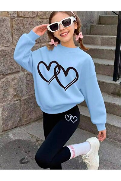 MORNİNG KİDS Girl's Heart Printed Baby Blue Crew Neck Sweatshirt-Black Leggin...