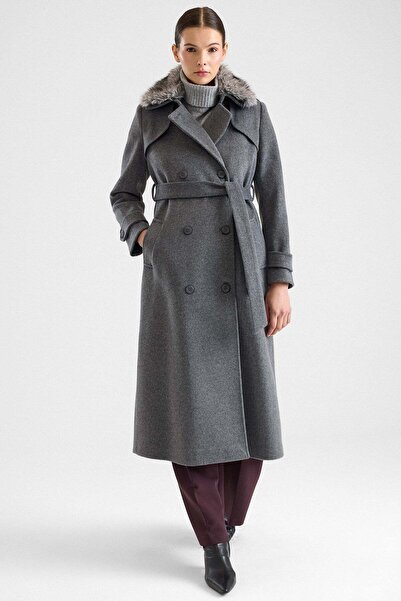 Olcay Long Coat with Detachable Fur Epaulettes and Cape Detail Dark Grey 3184
