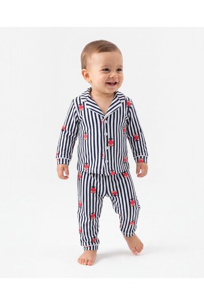 modaminikler Striped Teddy Bear Printed Baby&Child 100% Cotton Pajama Set