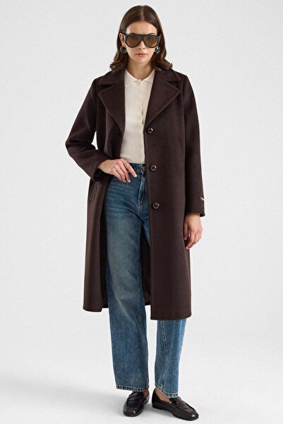 Olcay Stitched Detailed Medium Length Mono Closure Coat Brown 3186