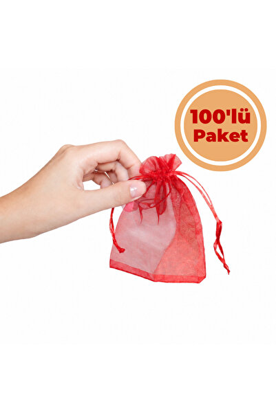 Renk İthalat Tül Kese Kırmızı 9x12 cm 100'lü Paket Kına Çerez Kuruyemiş Altın...