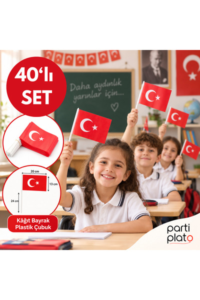 Parti Plato 40'lı Türk Bayrağı Seti 20x13 cm Kağıt Bayrak 24 cm Plastik Çubuk...