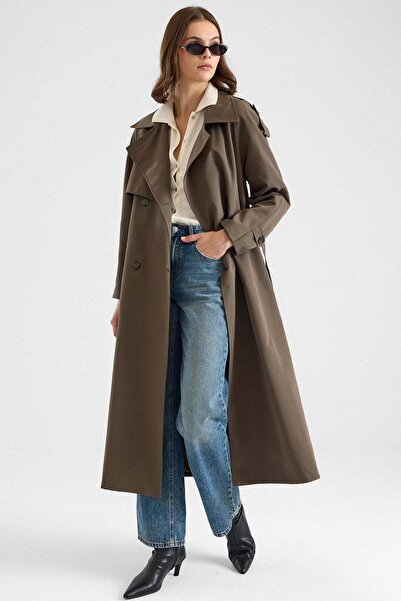 Olcay Oversized Water-Repellent Trench Coat with Cape and Epaulet Detail Haki...