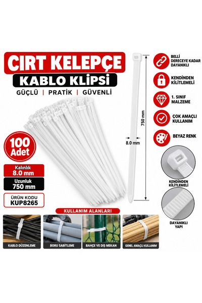 Kupa Beyaz Cırt Kelepçe Kablo Klipsi Kalınlık : 8.0 mm Uzunluk : 750 mm Kalın Cırt Kelepçe 100 Adet