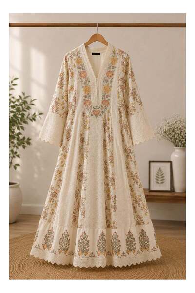 Generic Women's Flared Floral Printed Kurti with Lace & Embroidered Detailing