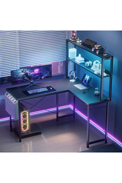 GENERAL Birou de Gaming Reversibil în Formă de L,110*80*148cm,cu Iluminare LE...