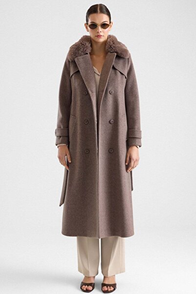 Olcay Long Coat with Detachable Fur Epaulettes and Cape Detail Latte 3184