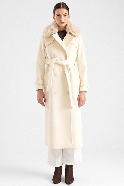 Olcay Long Coat with Detachable Fur Epaulettes and Cape Detail Ecru 3184