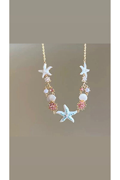 COLLECTİON Beyaz deniz Yıldızı figürlü pembe taşlı yaz temalı kolye