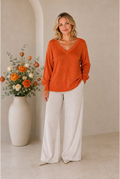 MARWARİ OTANTİK BUTİK V-Neck Back and Front Mercerized Modern Blouse with Str...
