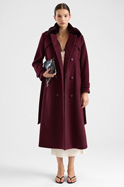Olcay Long Coat with Detachable Fur Epaulettes and Cape Detail Mürdüm 3184