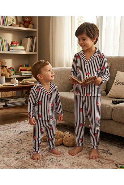 modaminikler Çizgili Ayıcık Baskılı Bebe&Çocuk %100 Pamuk 2'li Pijama Takımı